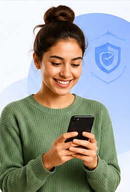 Smiling person checking a phone safely